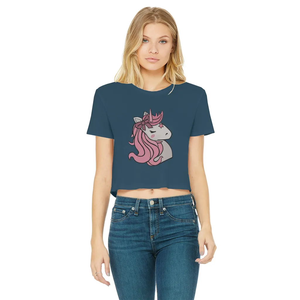 Pink Unicorn Classic Women's Cropped Raw Edge T-Shirt