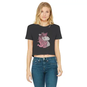 Pink Unicorn Classic Women's Cropped Raw Edge T-Shirt