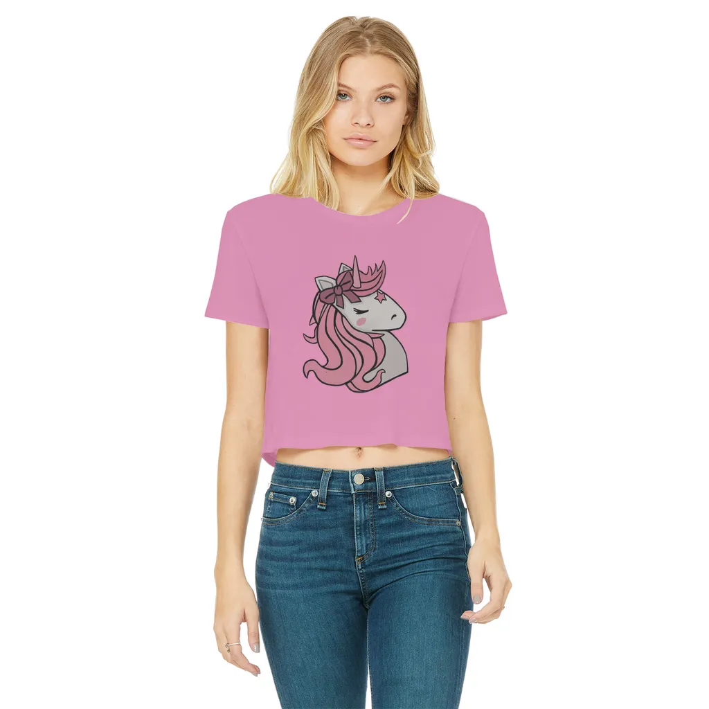 Pink Unicorn Classic Women's Cropped Raw Edge T-Shirt