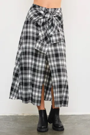 Pleated Plaid Tie Waist Skirt