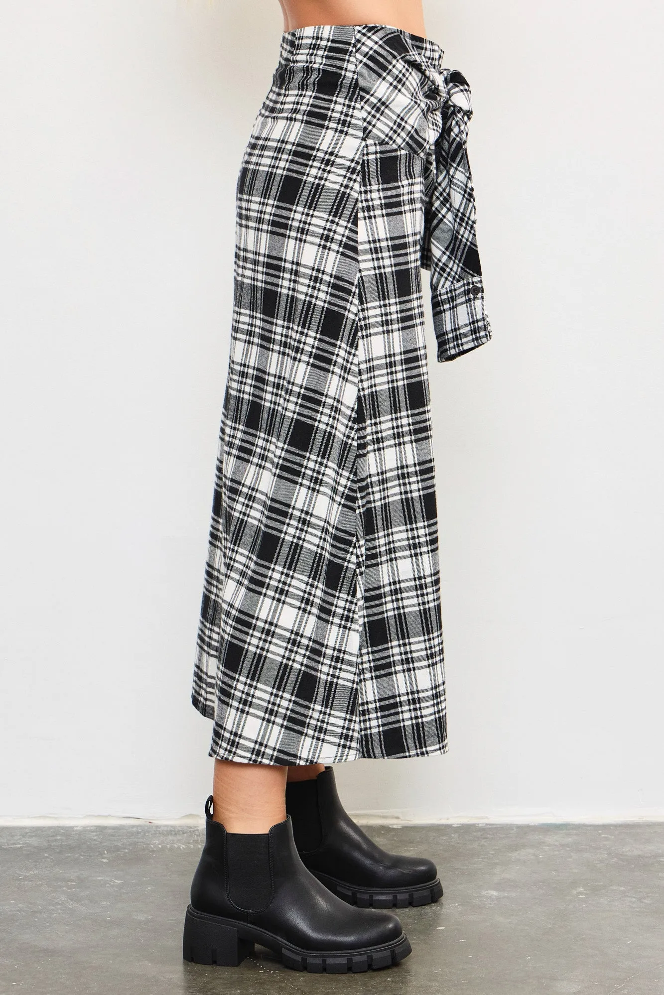 Pleated Plaid Tie Waist Skirt