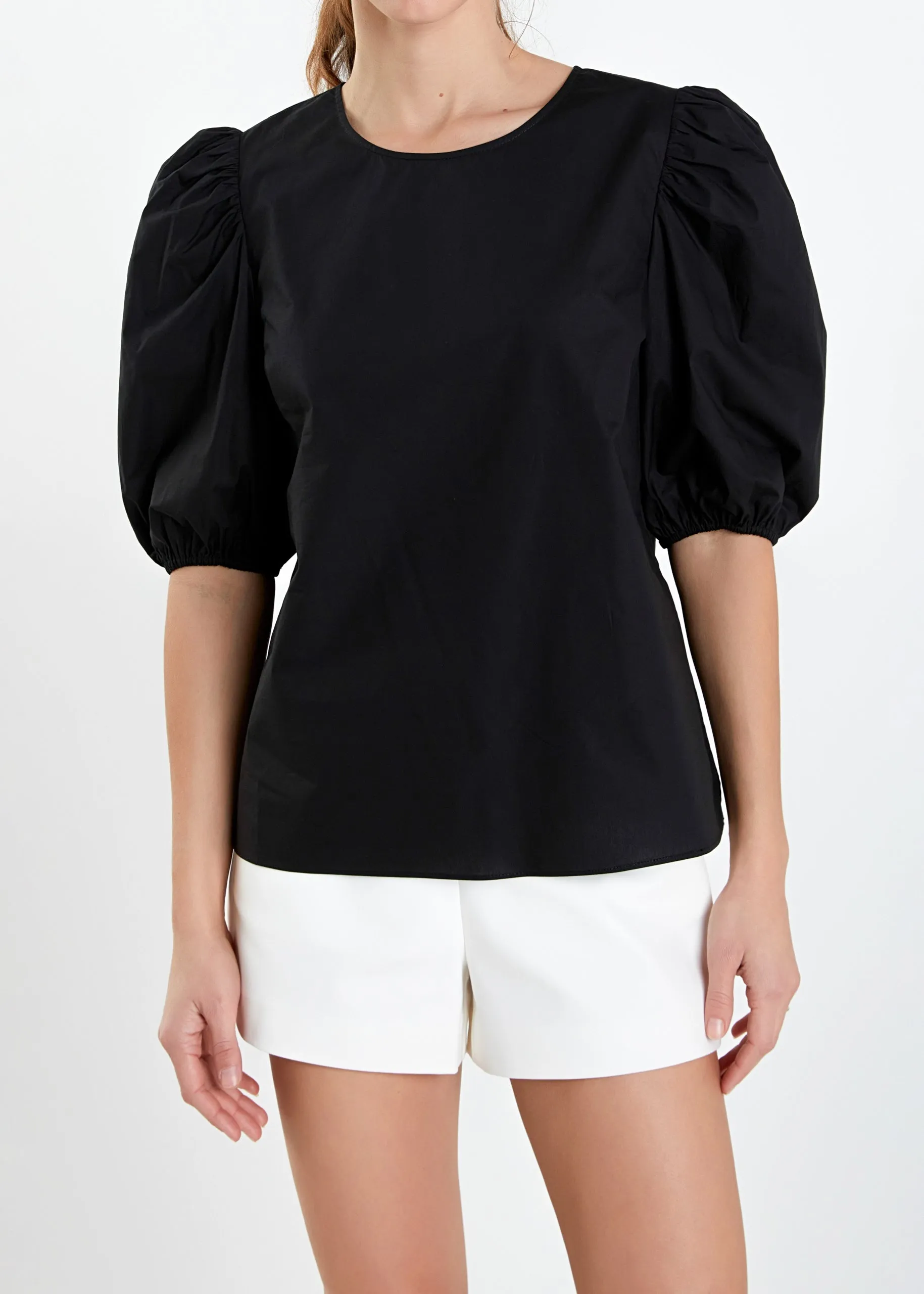 Poplin Black Puff Sleeve Top