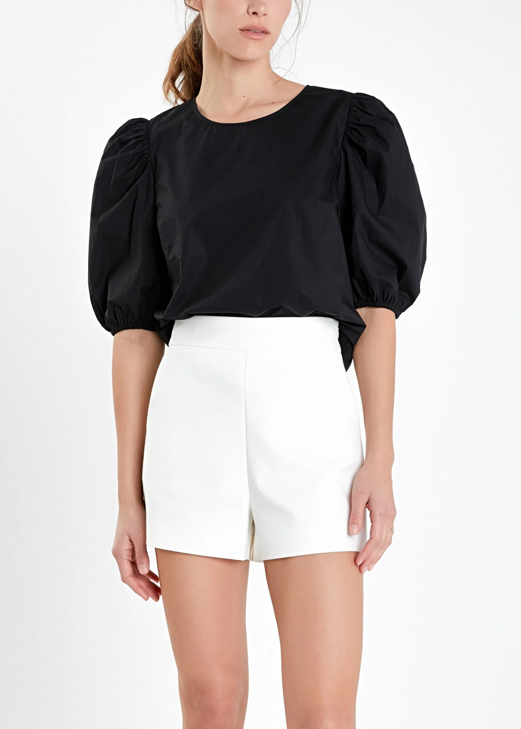 Poplin Black Puff Sleeve Top