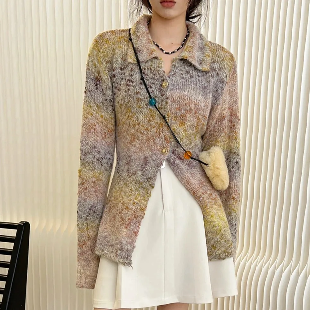 Print Knitting Sweater For Women Lapel Long Sleeve Colorblock Single Breasted Slim Cardigan Female Clothing Fashion