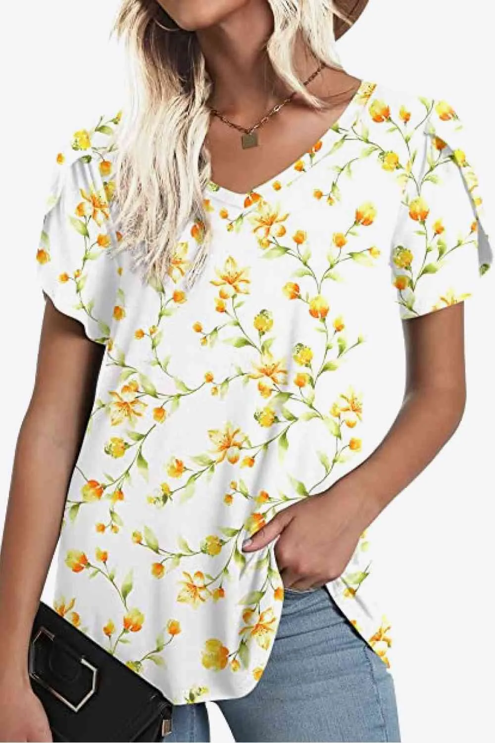 Printed Petal Sleeve V-Neck Blouse