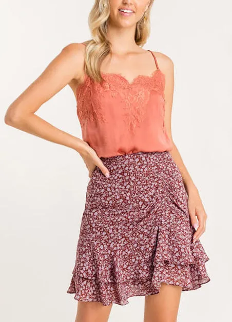 Printed Ruched Ruffle Mini Skirt