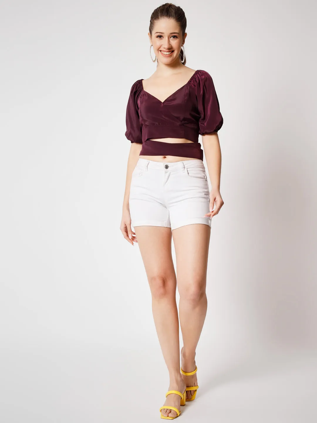 Puff Sleeves Crepe Cut Out Wrap Crop Top