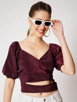 Puff Sleeves Crepe Cut Out Wrap Crop Top