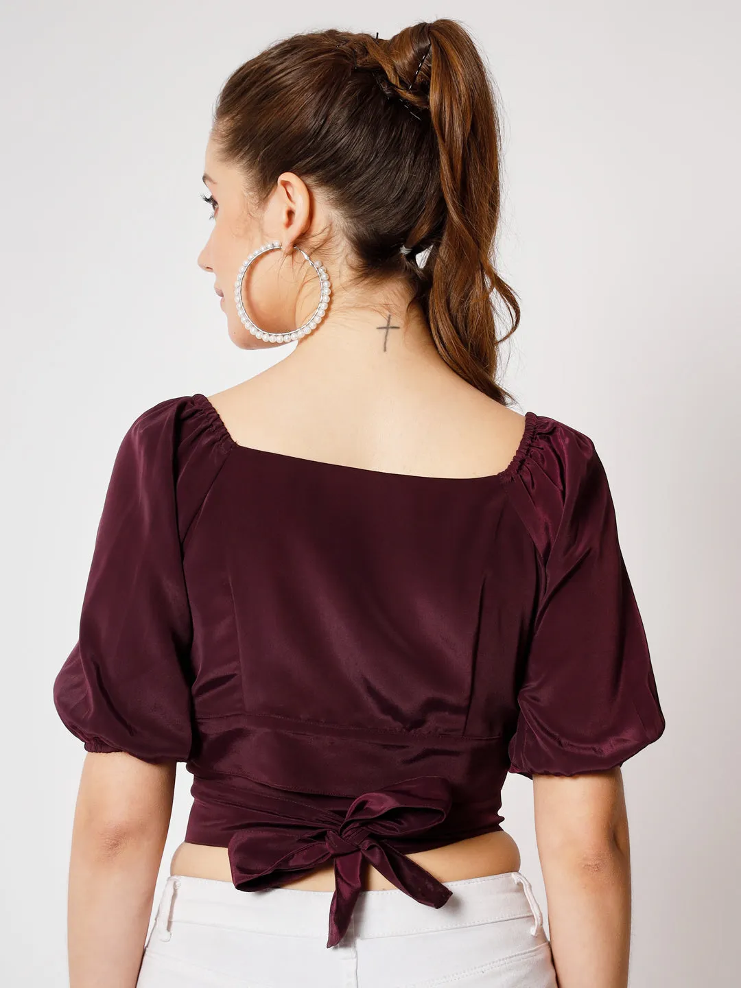 Puff Sleeves Crepe Cut Out Wrap Crop Top