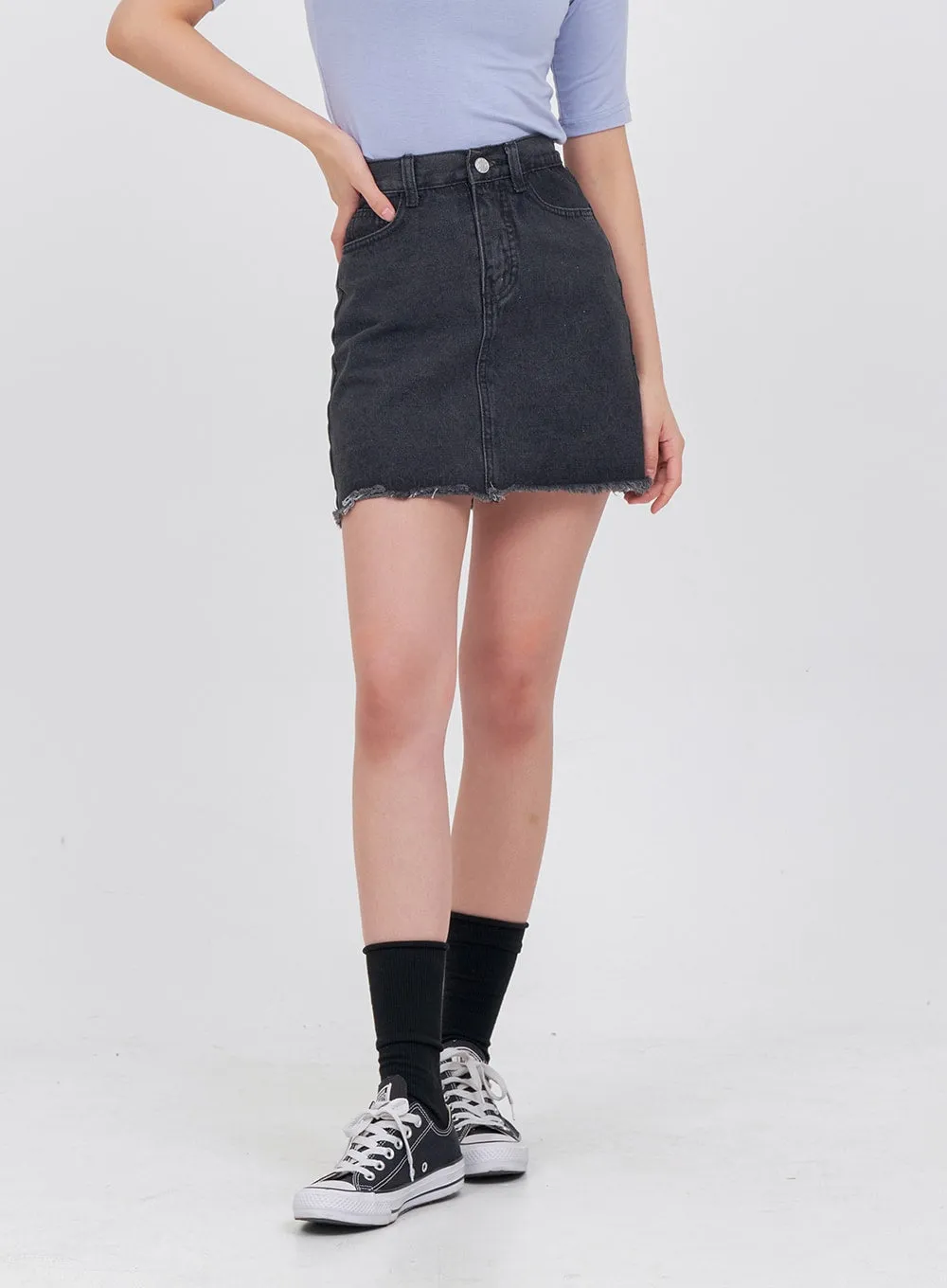 Raw Hem Bleached Denim Skirt OA05