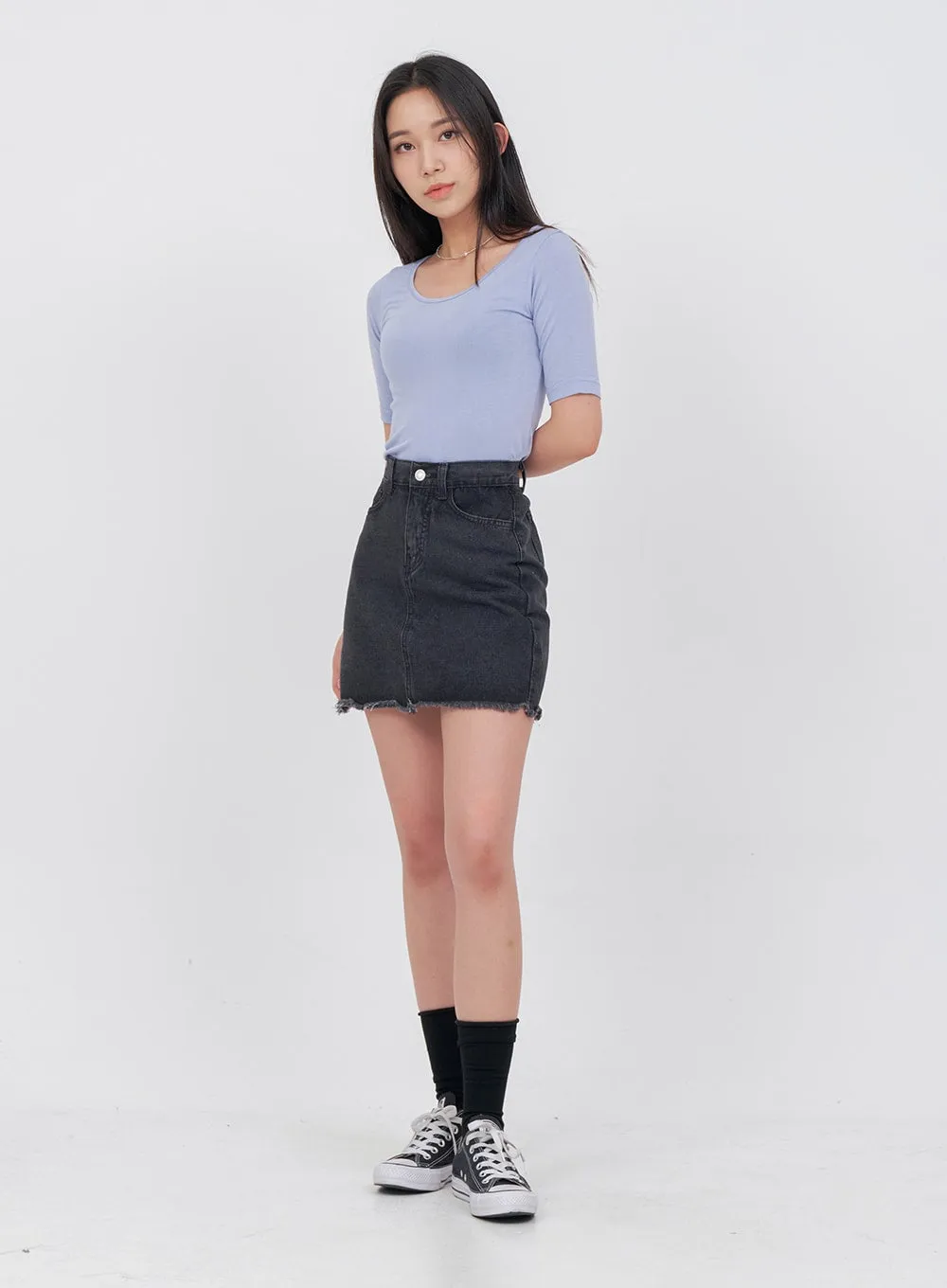 Raw Hem Bleached Denim Skirt OA05