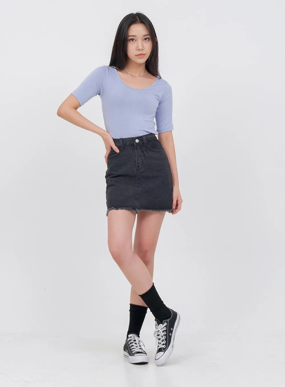 Raw Hem Bleached Denim Skirt OA05