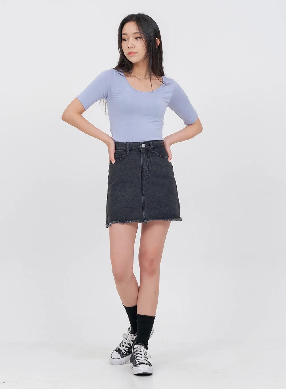 Raw Hem Bleached Denim Skirt OA05