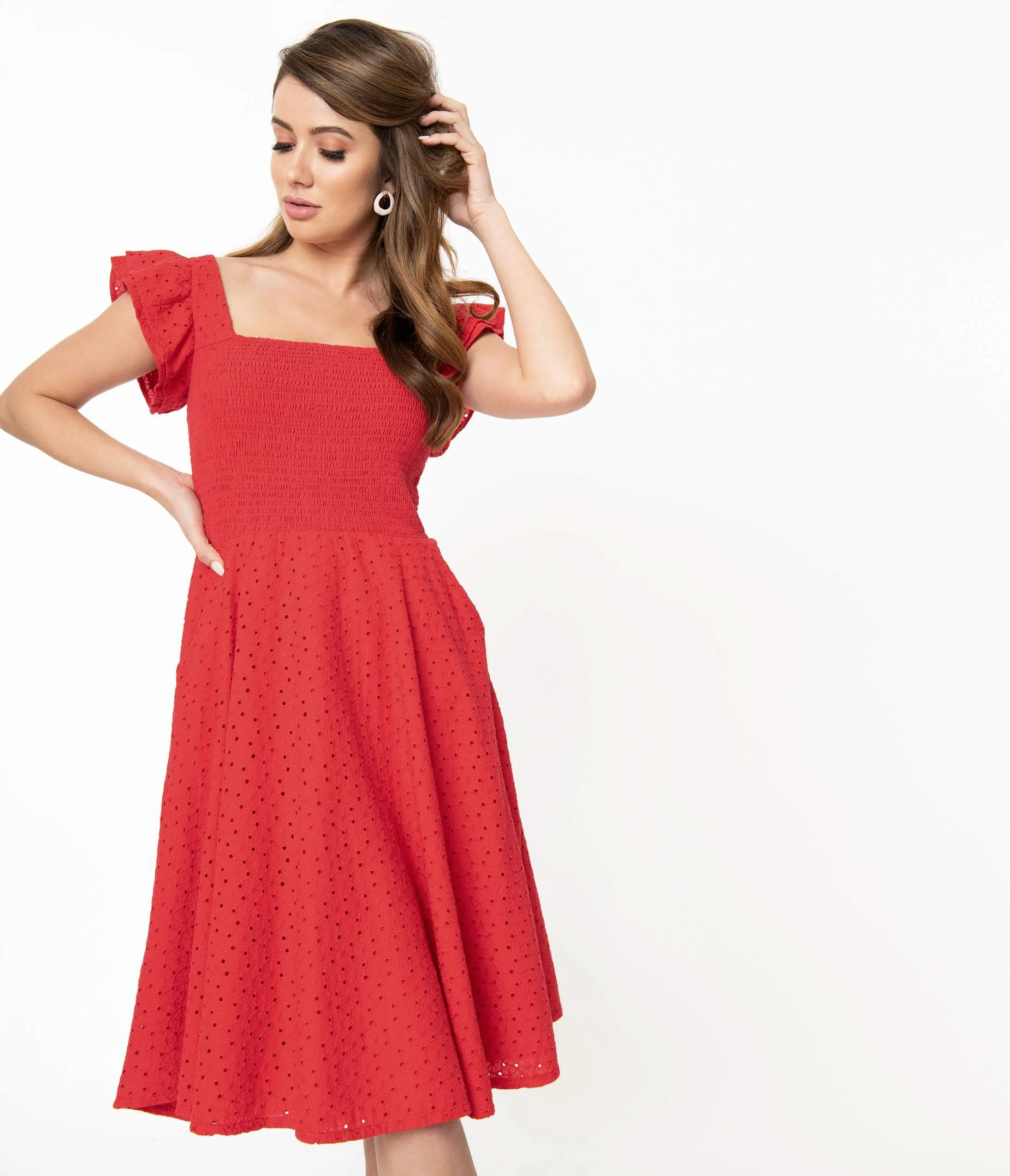 Red Eyelet Lace Smocked Raphaella Swing Dress