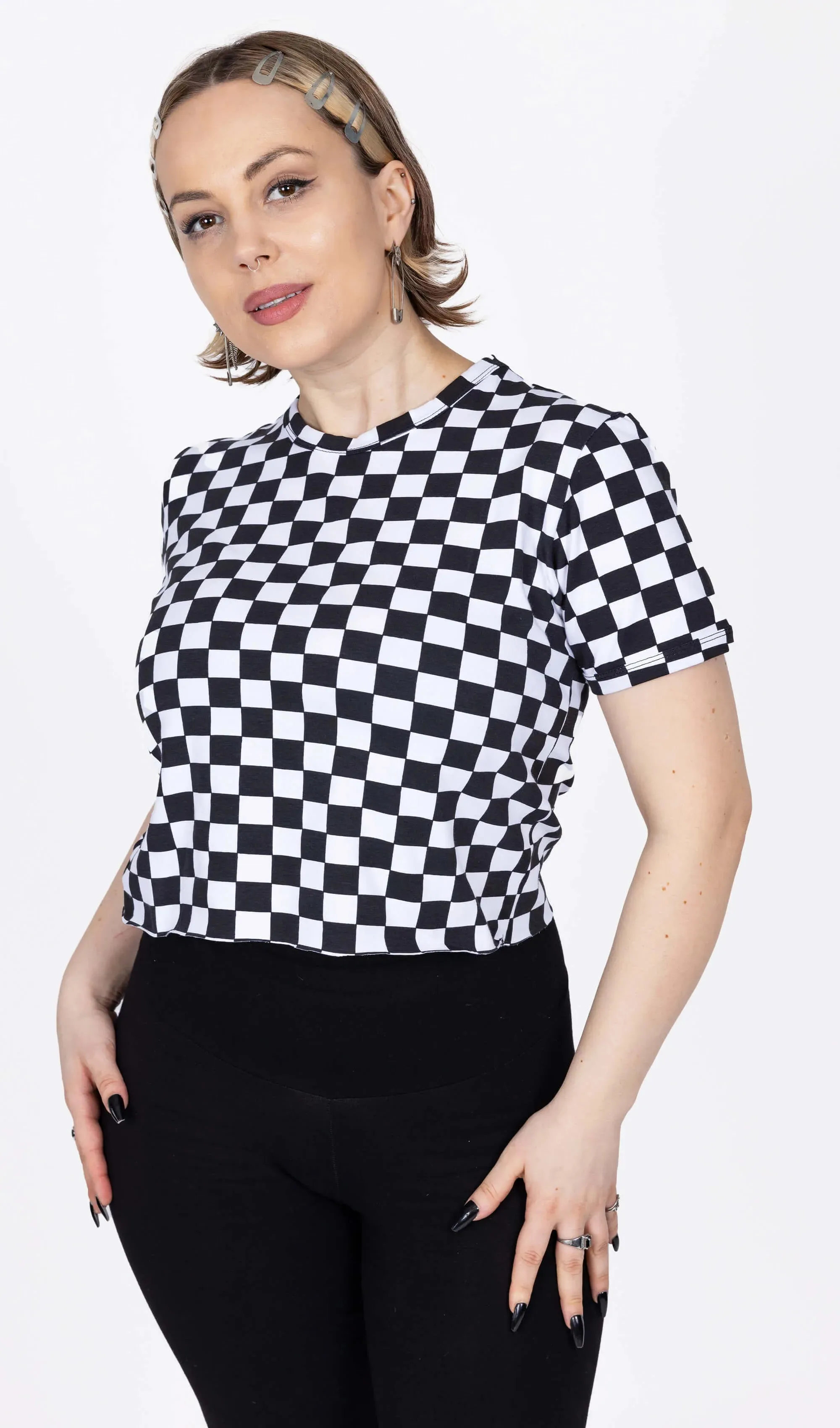 Run & Fly - Checkerboard Short Sleeve Crop Tee