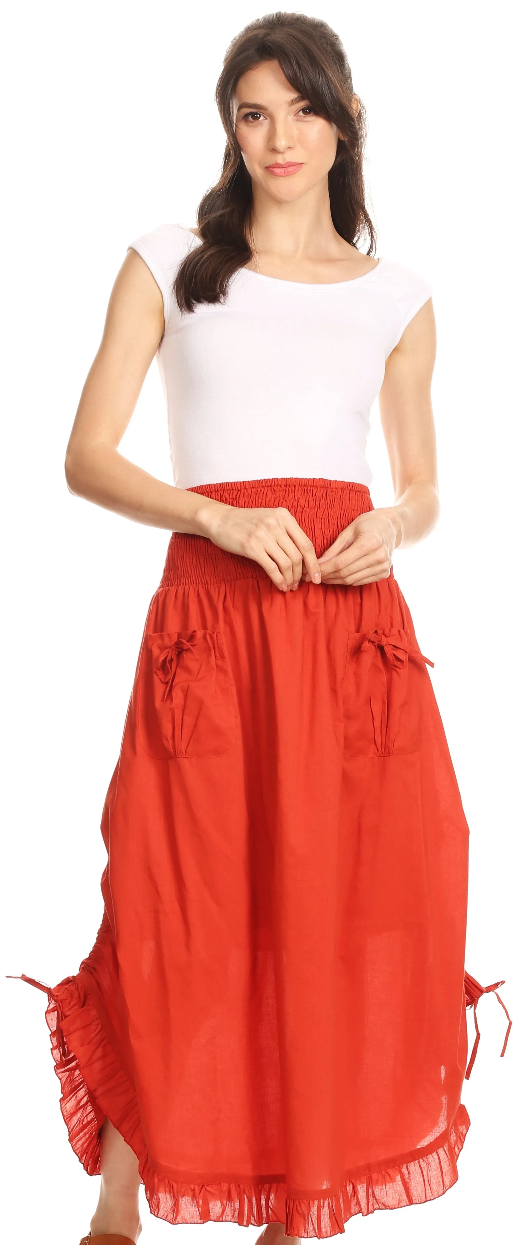 Sakkas Coco Long Cotton Ruffle Skirt with Pockets and Elastic Waistband