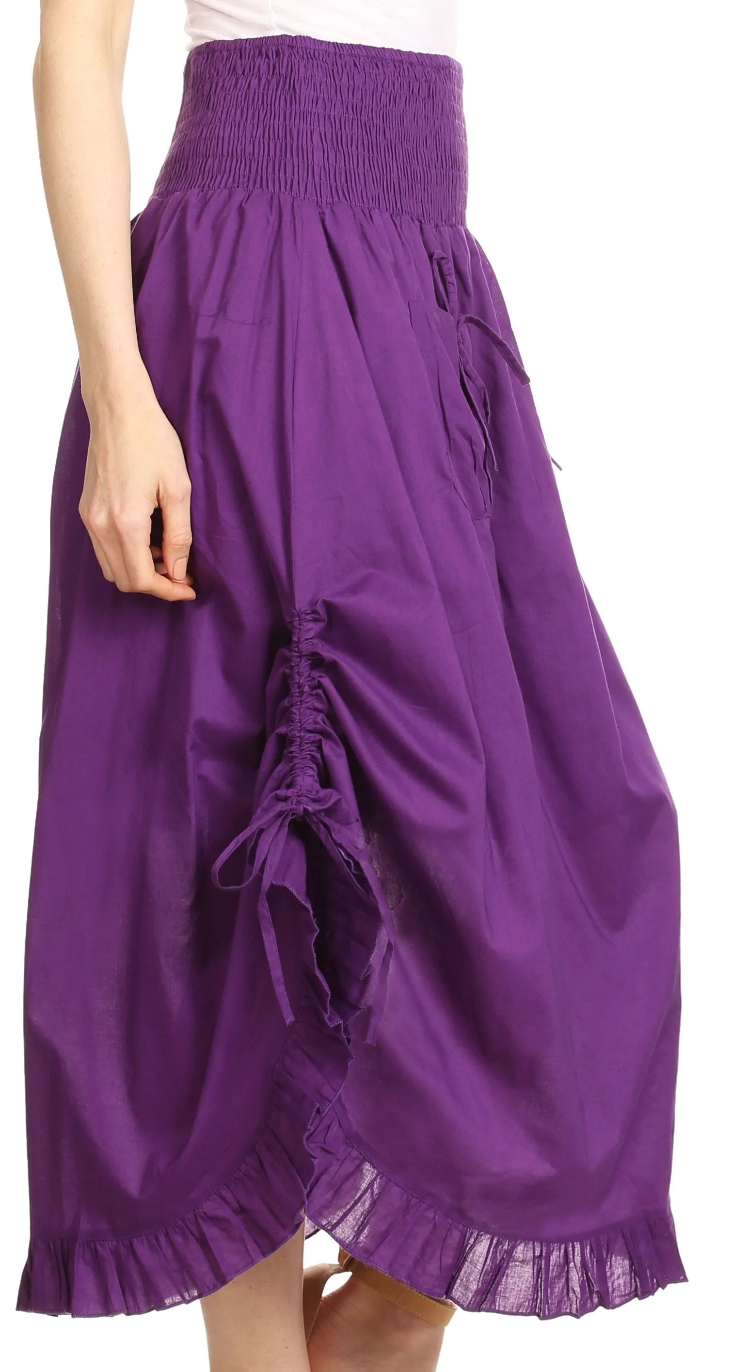 Sakkas Coco Long Cotton Ruffle Skirt with Pockets and Elastic Waistband