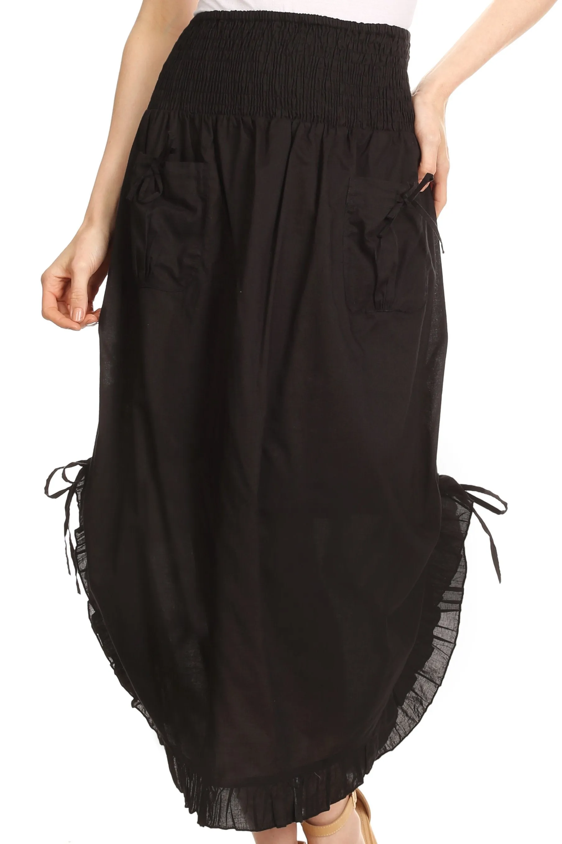 Sakkas Coco Long Cotton Ruffle Skirt with Pockets and Elastic Waistband