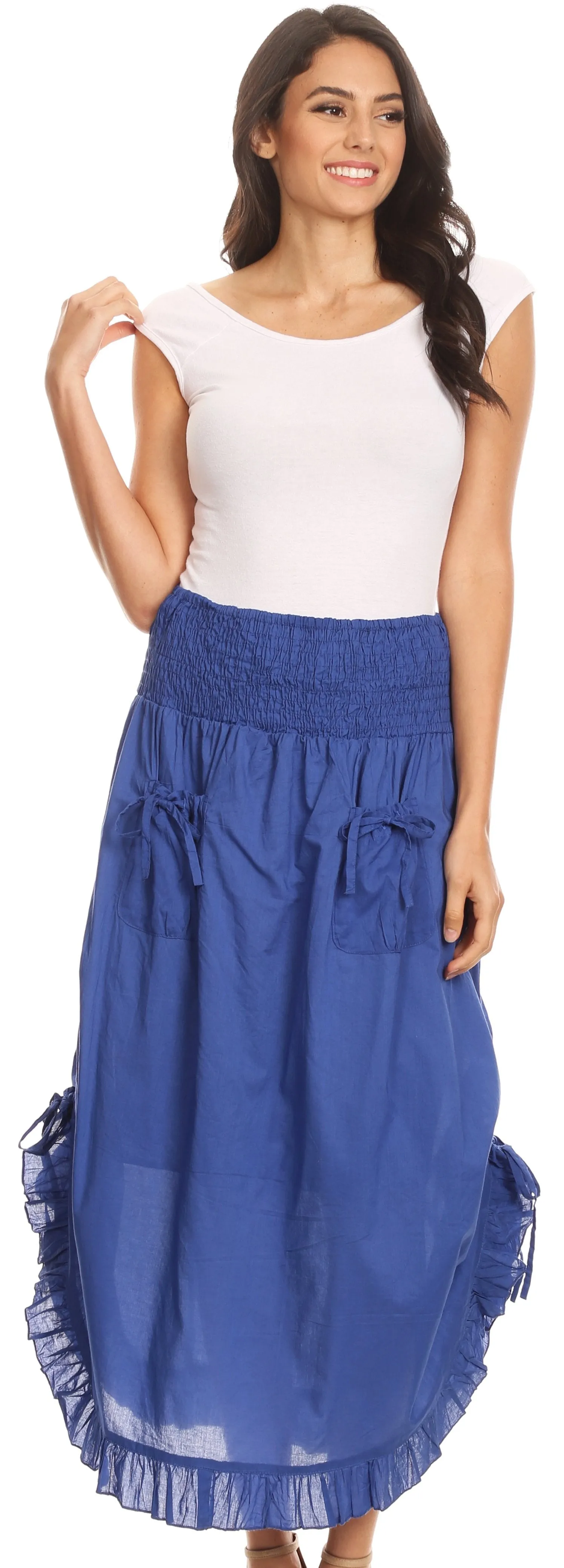 Sakkas Coco Long Cotton Ruffle Skirt with Pockets and Elastic Waistband