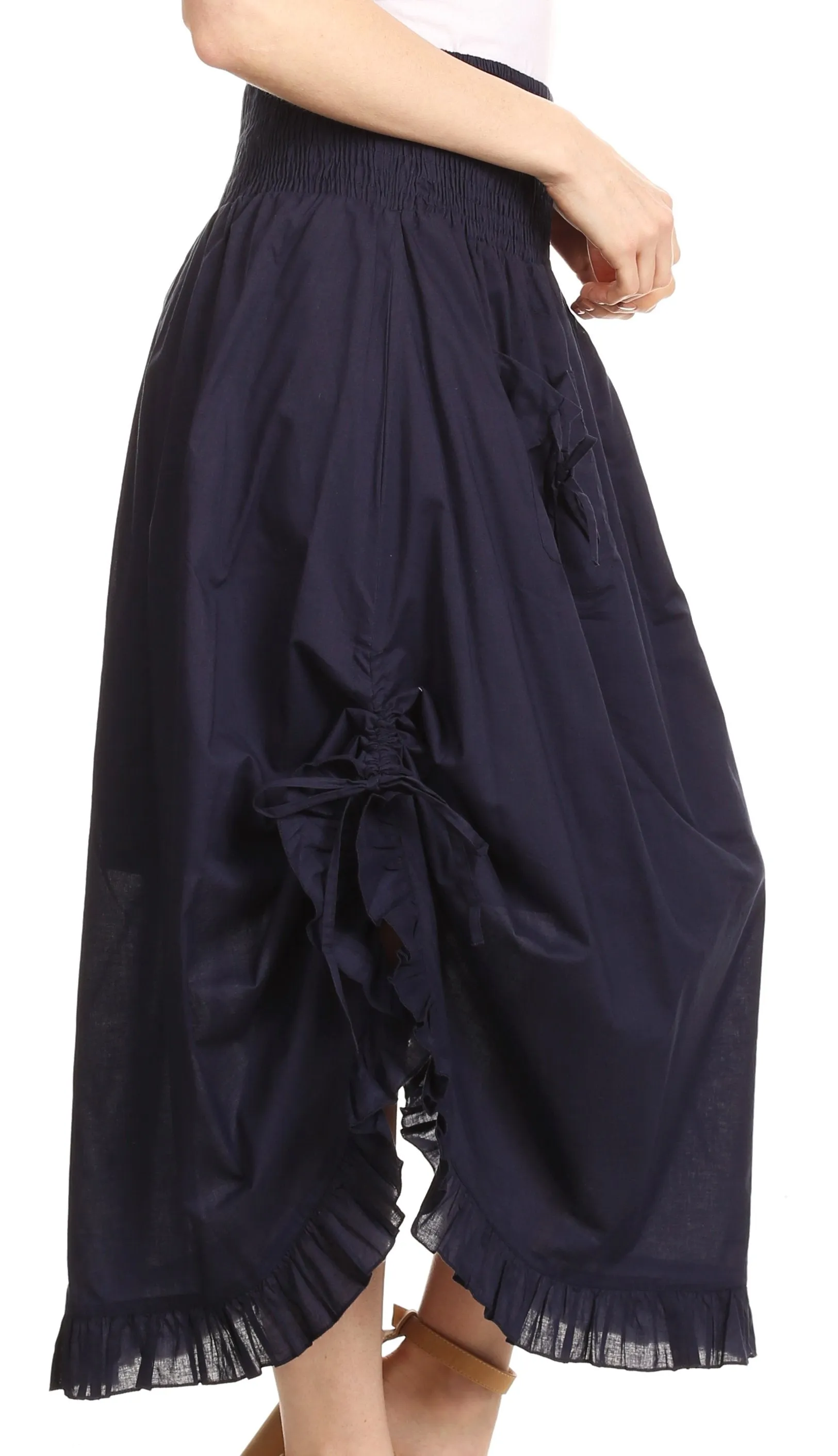 Sakkas Coco Long Cotton Ruffle Skirt with Pockets and Elastic Waistband