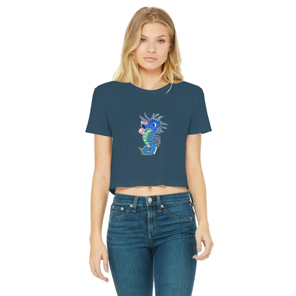 Scribblers the Seahorse Classic Women's Cropped Raw Edge T-Shirt