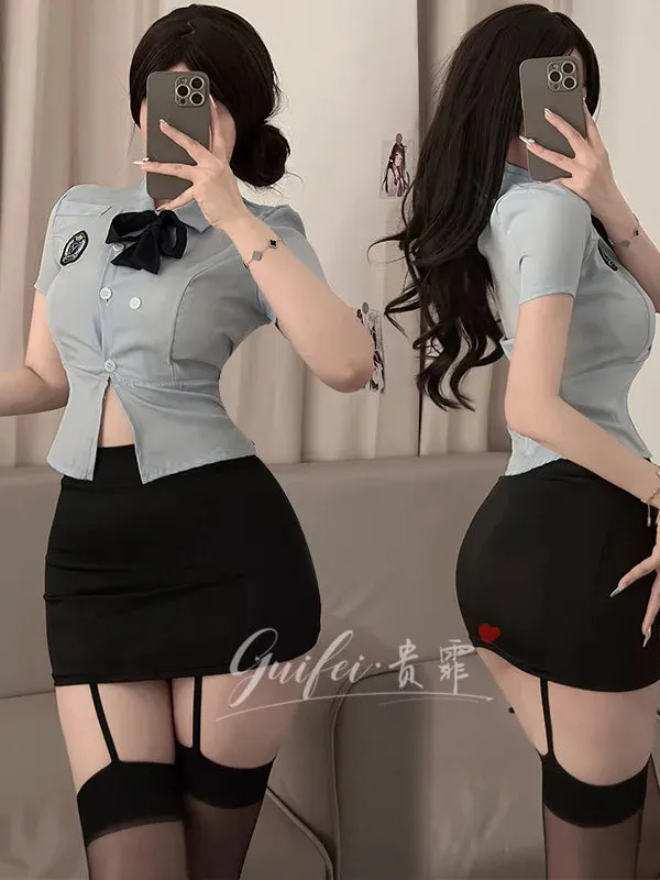 Sexy Female  Officer Professional Suit Role-playing Student Tight Fitting Short Sleeve Wrap Buttocks Skirt  Two Piece Set XYY9