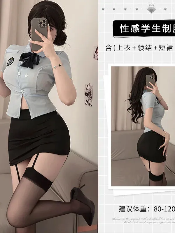 Sexy Female  Officer Professional Suit Role-playing Student Tight Fitting Short Sleeve Wrap Buttocks Skirt  Two Piece Set XYY9