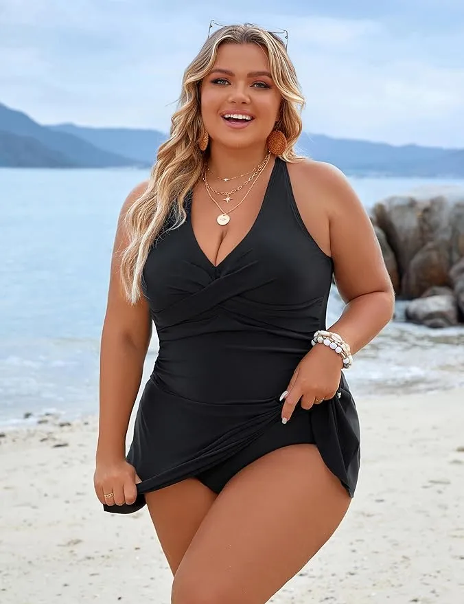 SheCurve® Plus Size One Piece Swim Dress Swimsuit Tummy Control Bathing Suits