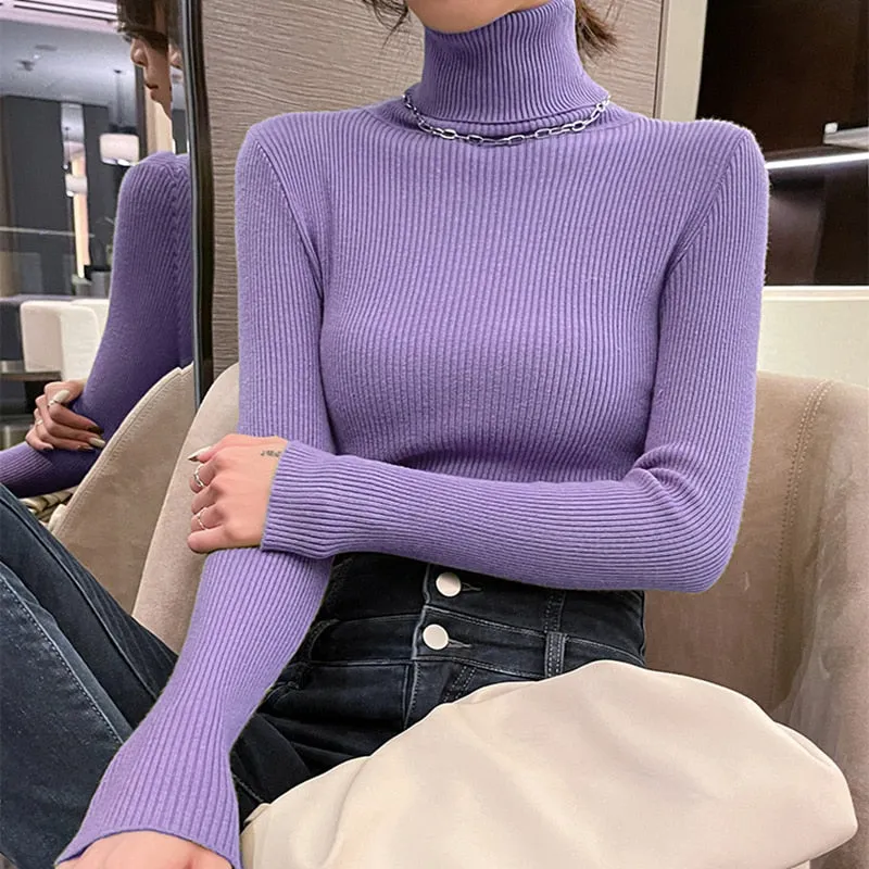 Simple Women Turtleneck Sweater Winter Fashion Pullover Elastic Knit Ladies Jumper Casual Solid Black Female Basic Tops