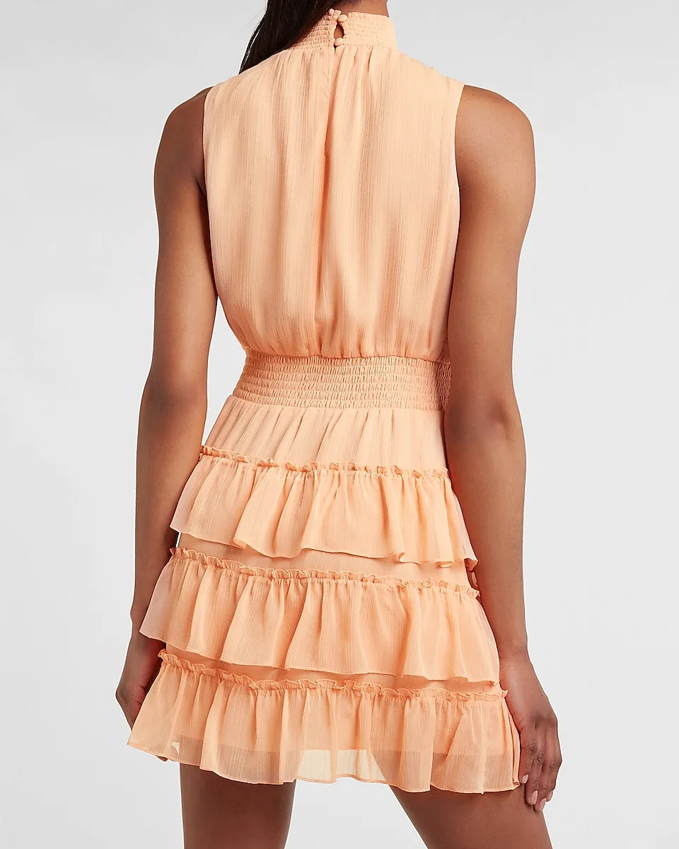 Smocked Tiered Mock Neck Dress in Golden Peach