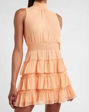 Smocked Tiered Mock Neck Dress in Golden Peach