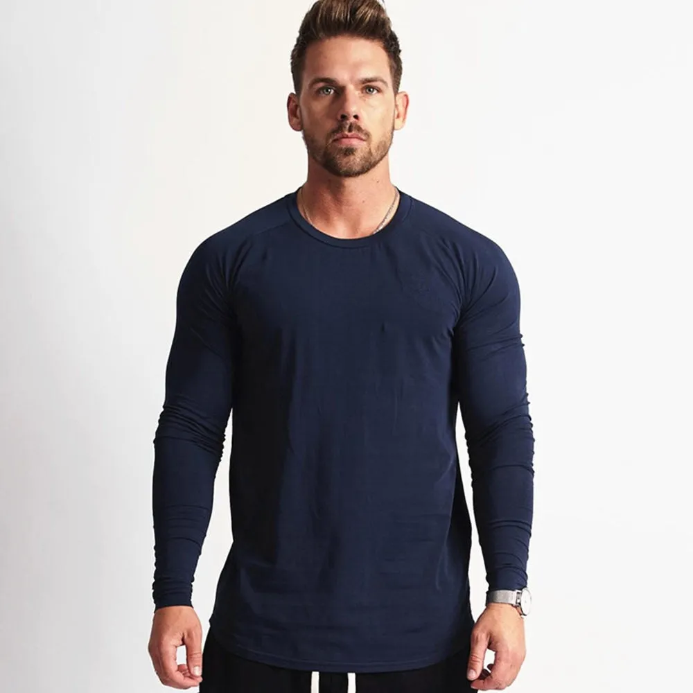 Solid Casual Long Sleeves Shirt Men Gym Fitness Cotton Slim T-shirt Male Autumn Workout Black O-Neck Tees Tops Fashion Apparel