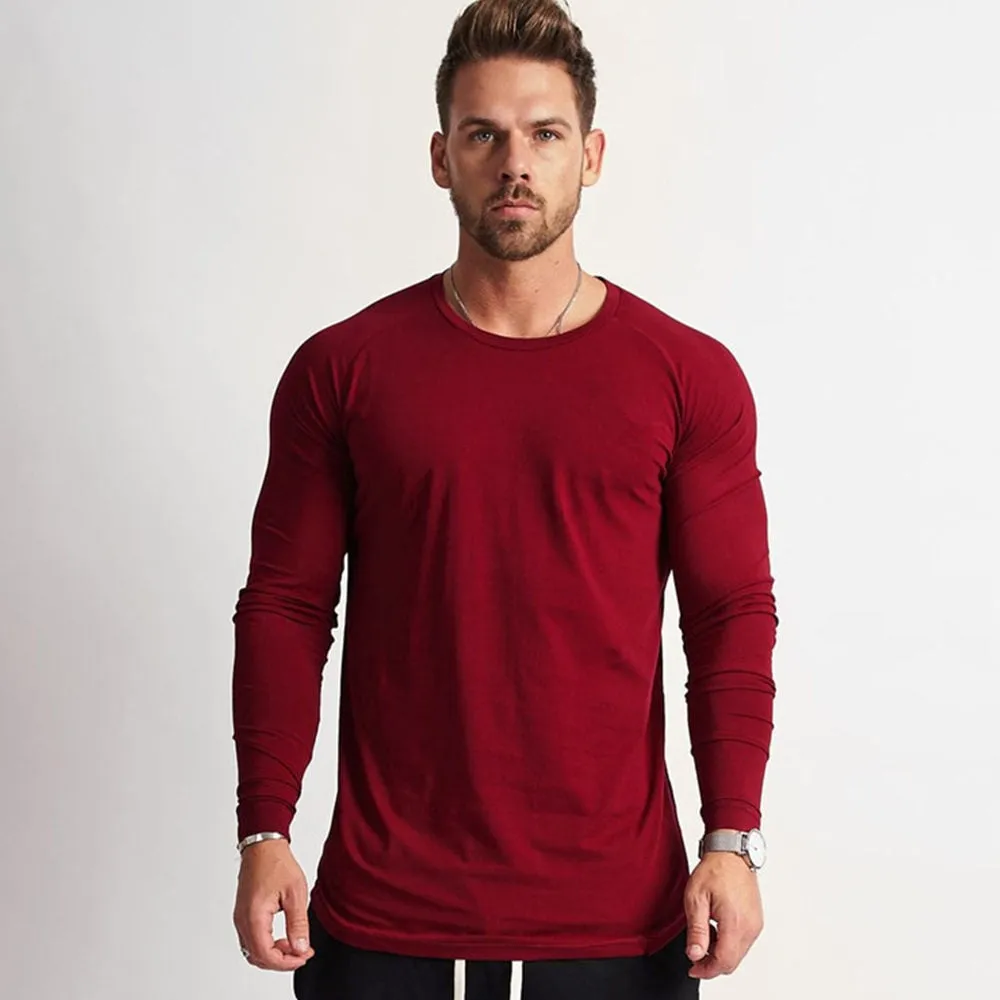 Solid Casual Long Sleeves Shirt Men Gym Fitness Cotton Slim T-shirt Male Autumn Workout Black O-Neck Tees Tops Fashion Apparel