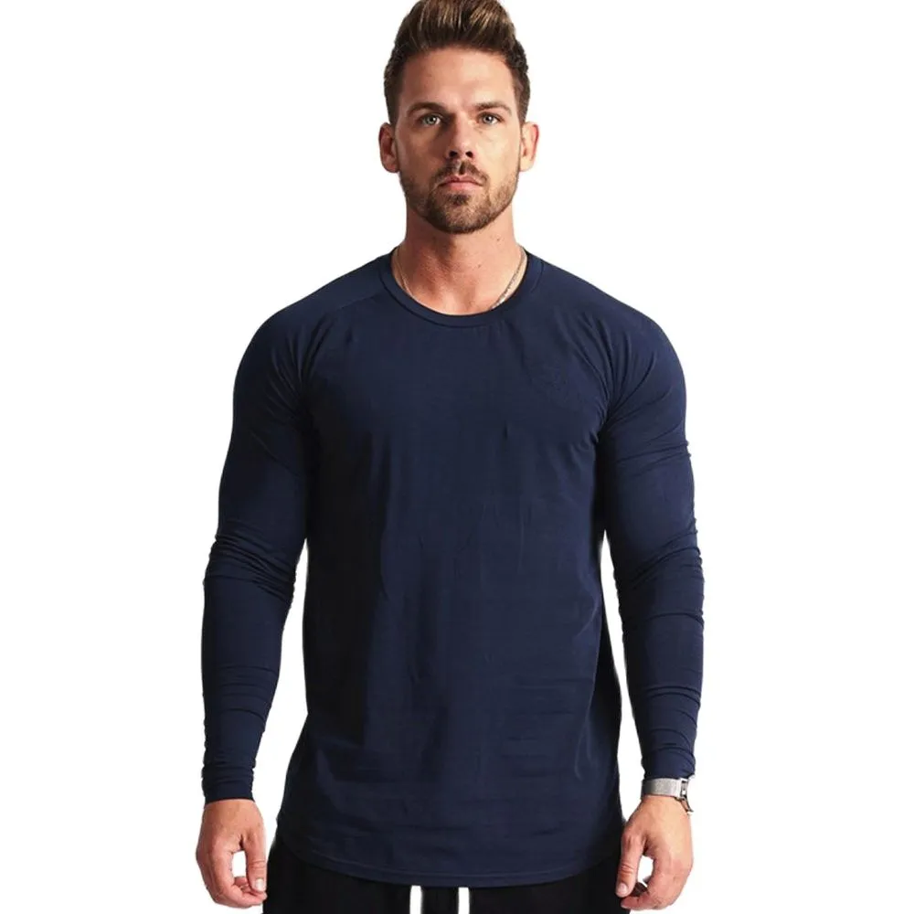 Solid Casual Long Sleeves Shirt Men Gym Fitness Cotton Slim T-shirt Male Autumn Workout Black O-Neck Tees Tops Fashion Apparel