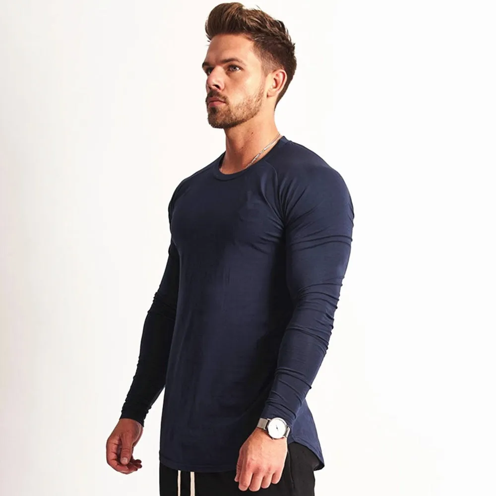 Solid Casual Long Sleeves Shirt Men Gym Fitness Cotton Slim T-shirt Male Autumn Workout Black O-Neck Tees Tops Fashion Apparel