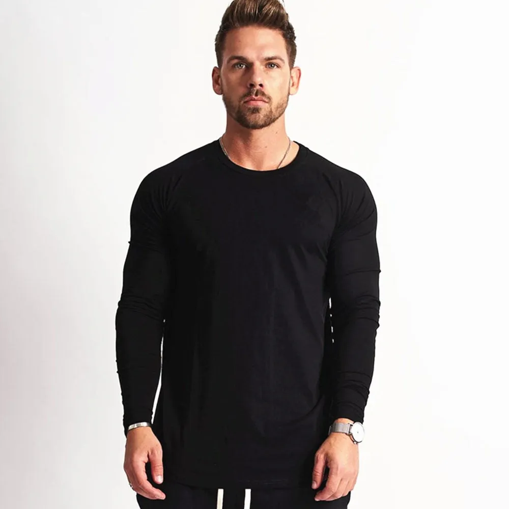 Solid Casual Long Sleeves Shirt Men Gym Fitness Cotton Slim T-shirt Male Autumn Workout Black O-Neck Tees Tops Fashion Apparel