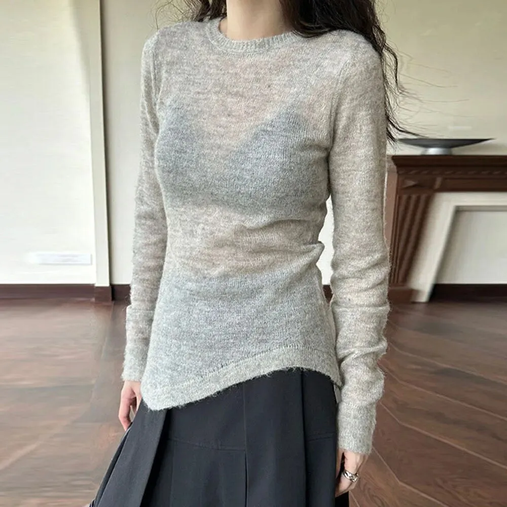 Solid Minimalist Knitting Sweaters For Women Round Neck Long Sleeve Irregular Hem Casual Sweater Female Fashion