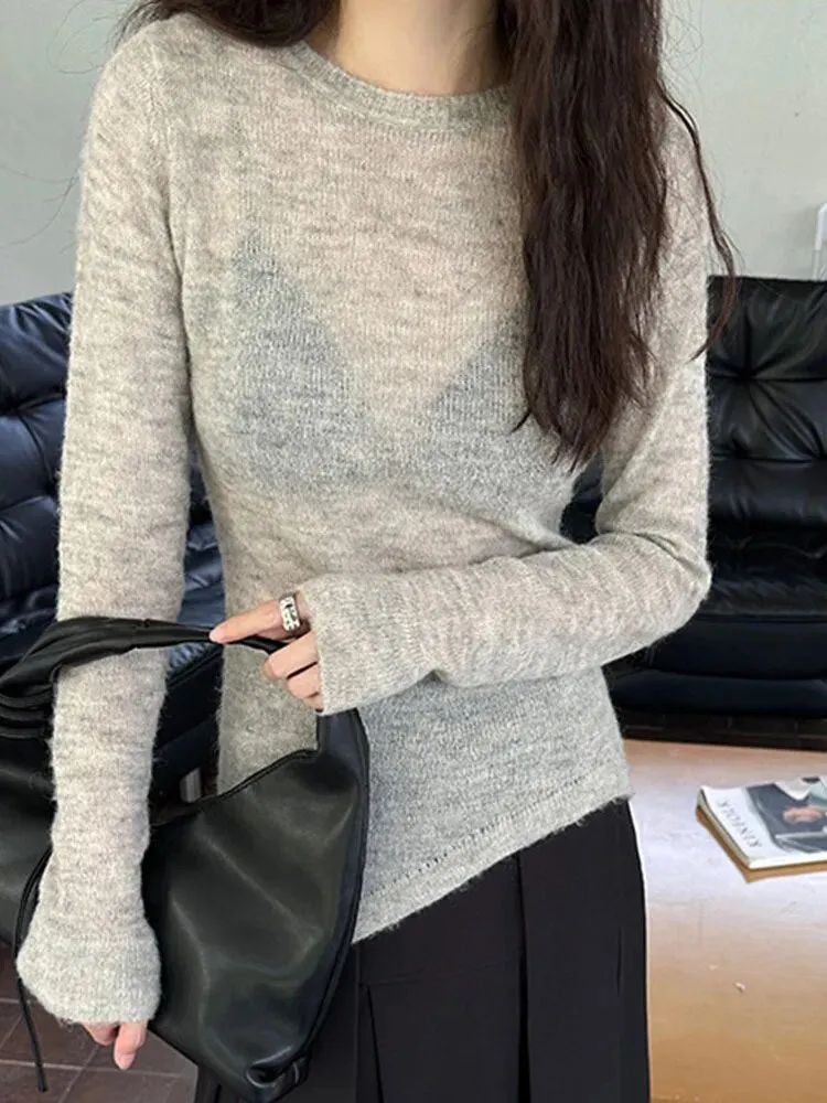 Solid Minimalist Knitting Sweaters For Women Round Neck Long Sleeve Irregular Hem Casual Sweater Female Fashion