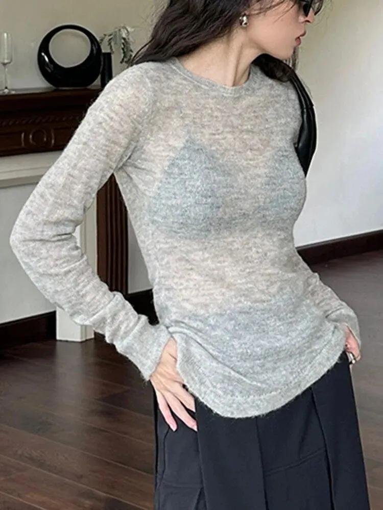 Solid Minimalist Knitting Sweaters For Women Round Neck Long Sleeve Irregular Hem Casual Sweater Female Fashion