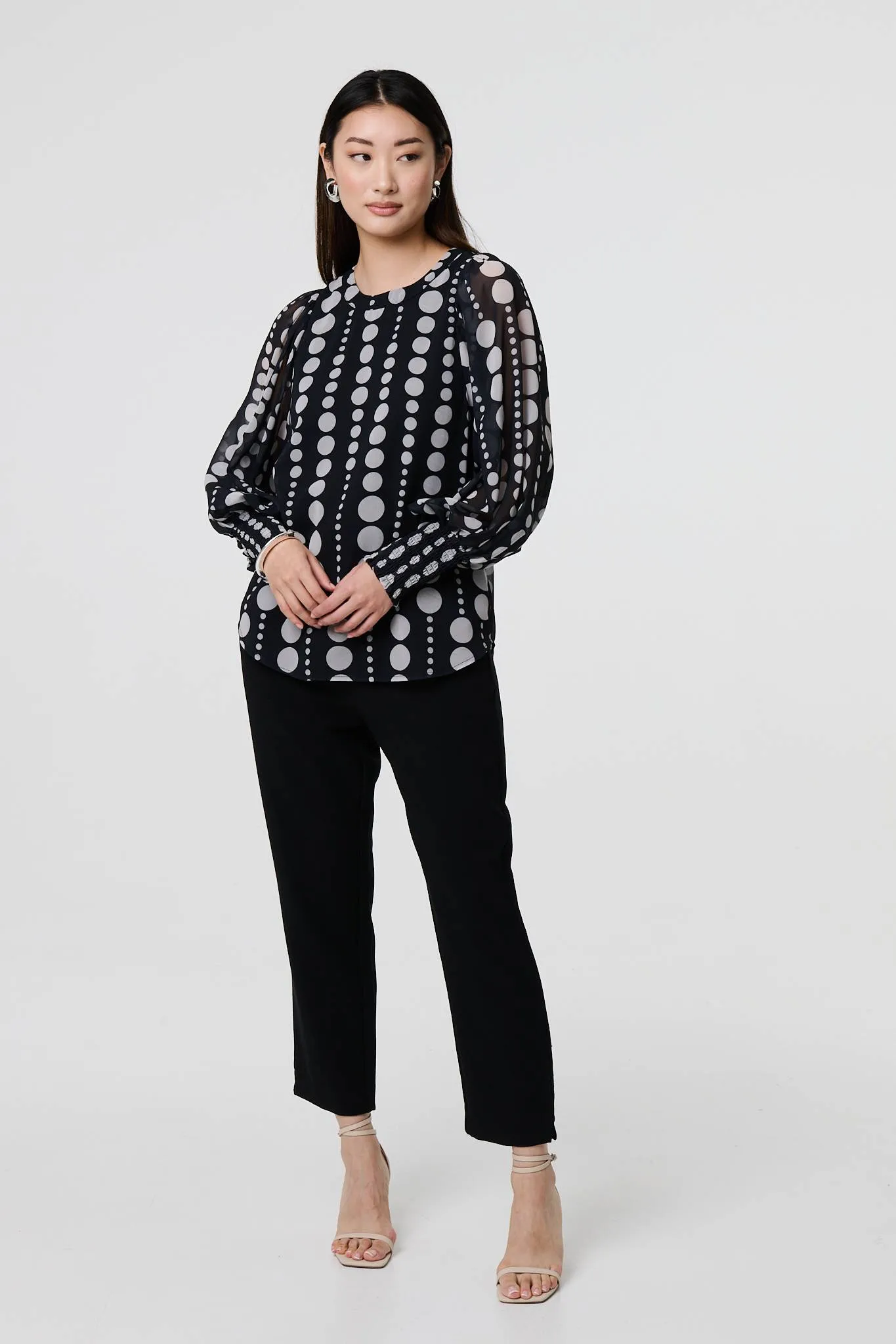 Spotty Print Semi Sheer Puff Sleeve Blouse