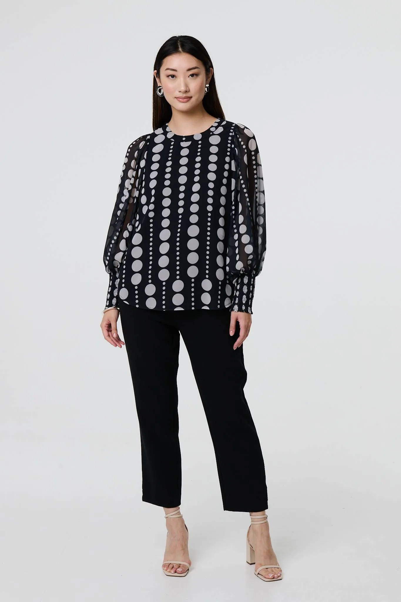 Spotty Print Semi Sheer Puff Sleeve Blouse