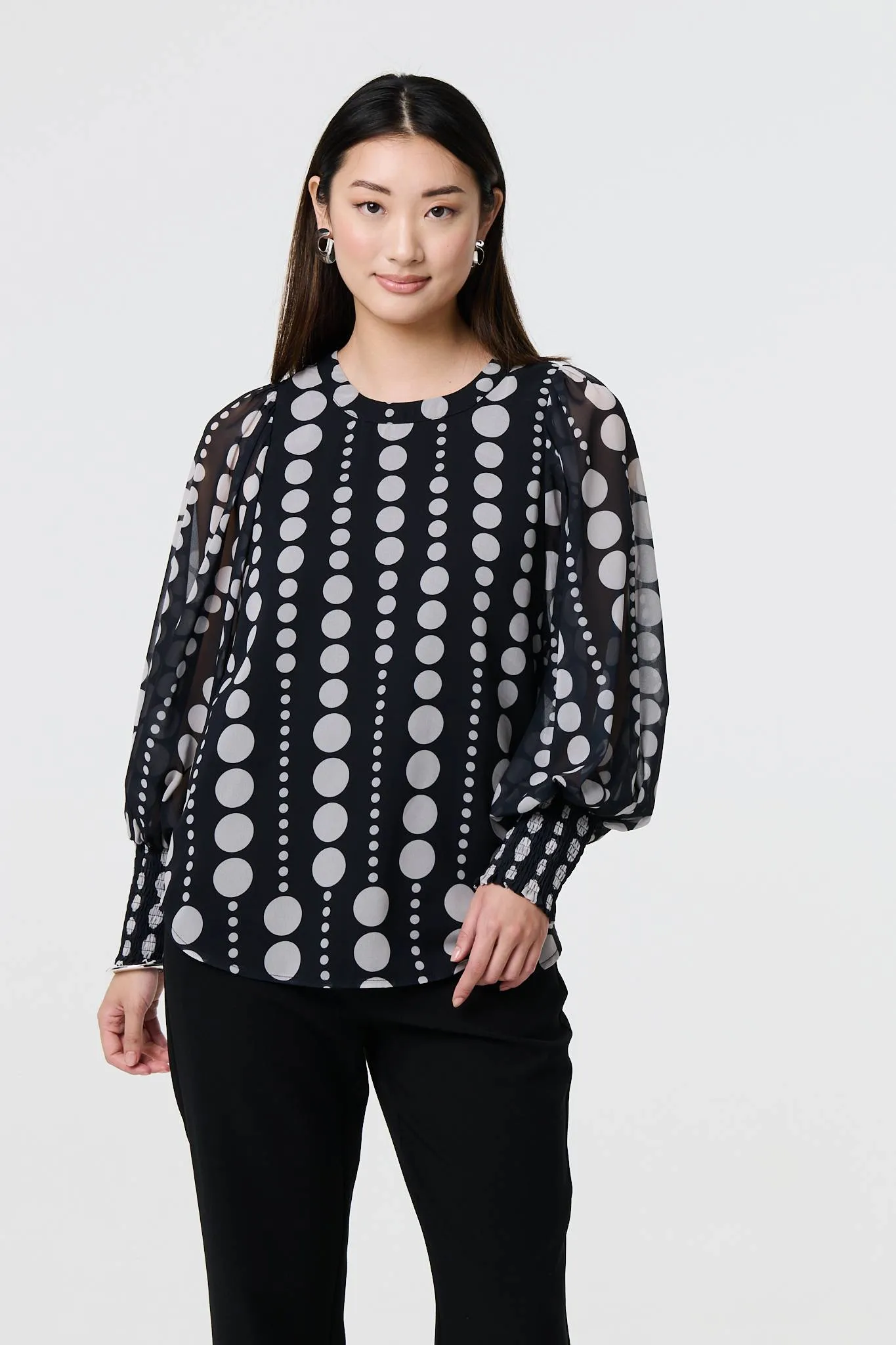 Spotty Print Semi Sheer Puff Sleeve Blouse