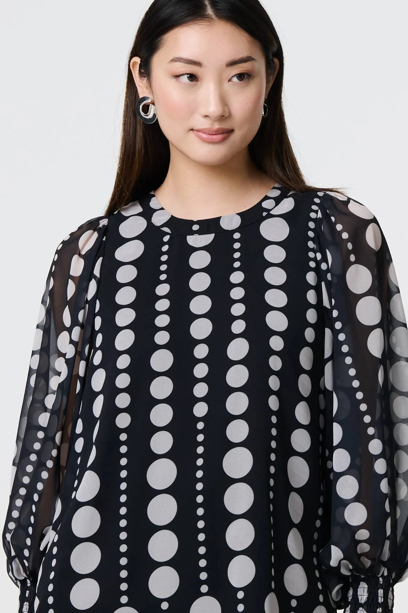 Spotty Print Semi Sheer Puff Sleeve Blouse