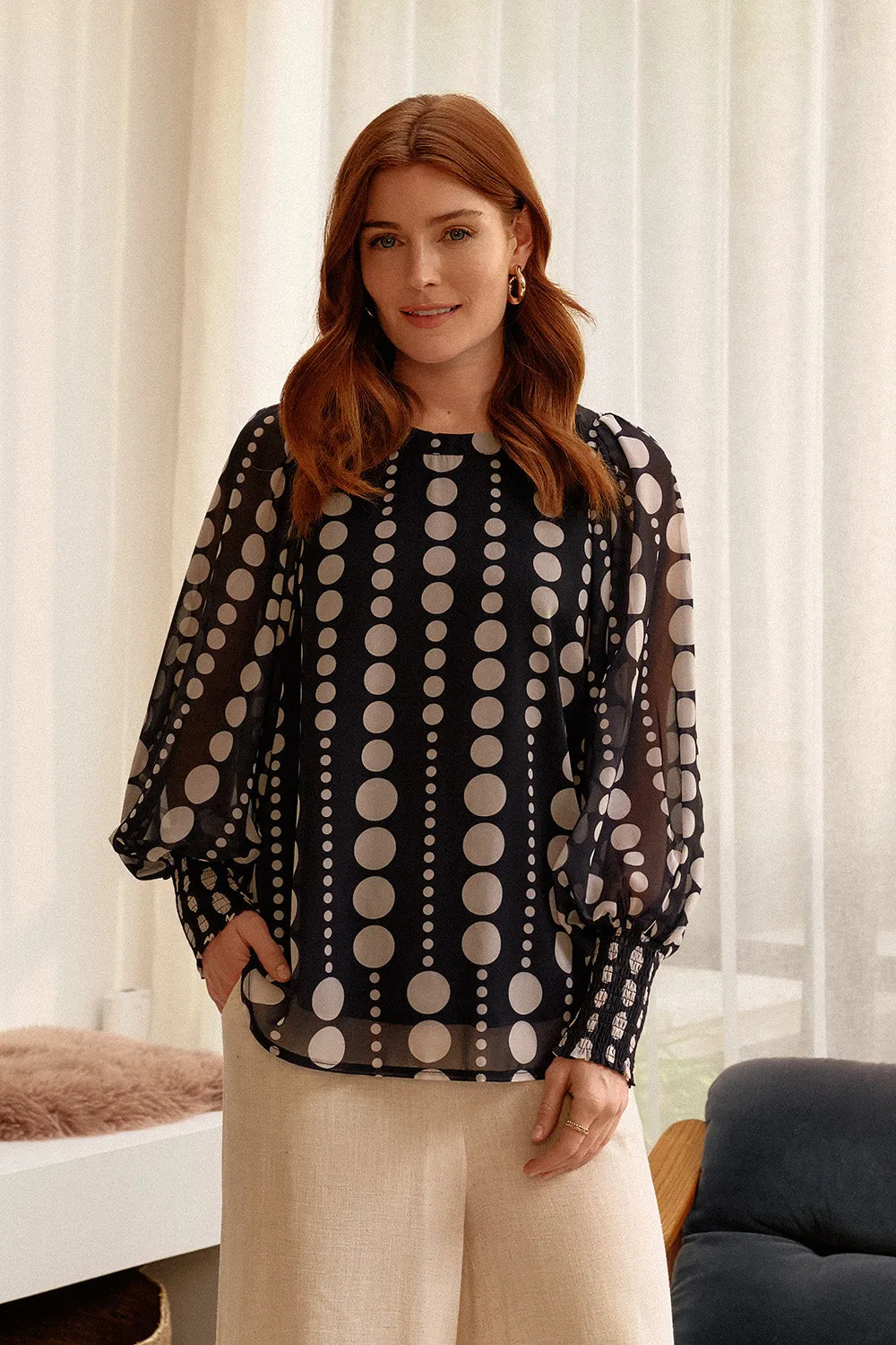 Spotty Print Semi Sheer Puff Sleeve Blouse