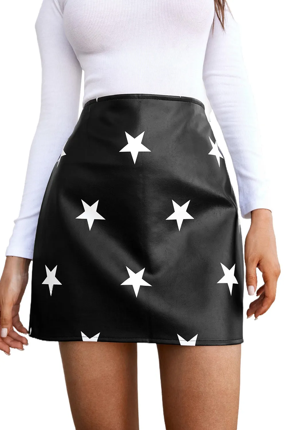 Star Print Faux Leather Mini Skirt