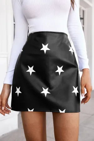 Star Print Faux Leather Mini Skirt