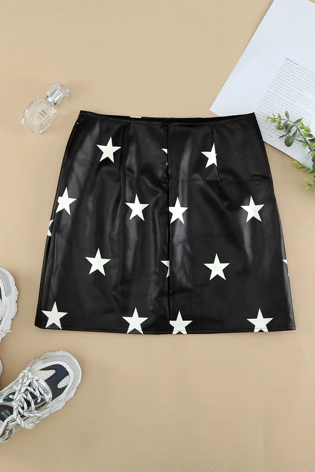 Star Print Faux Leather Mini Skirt