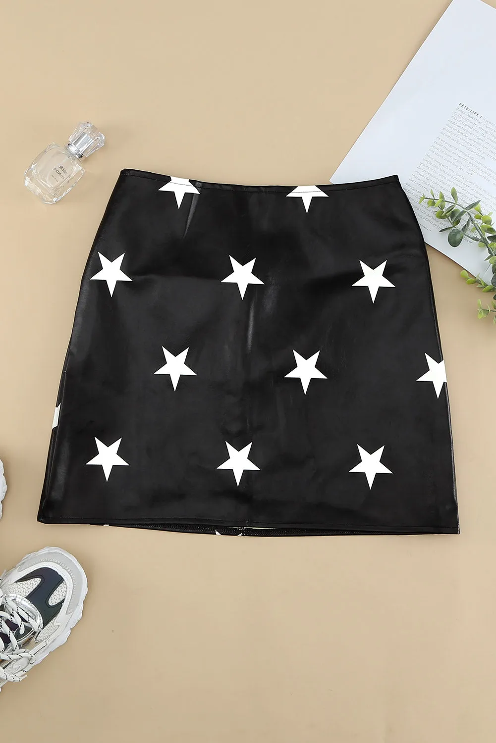 Star Print Faux Leather Mini Skirt