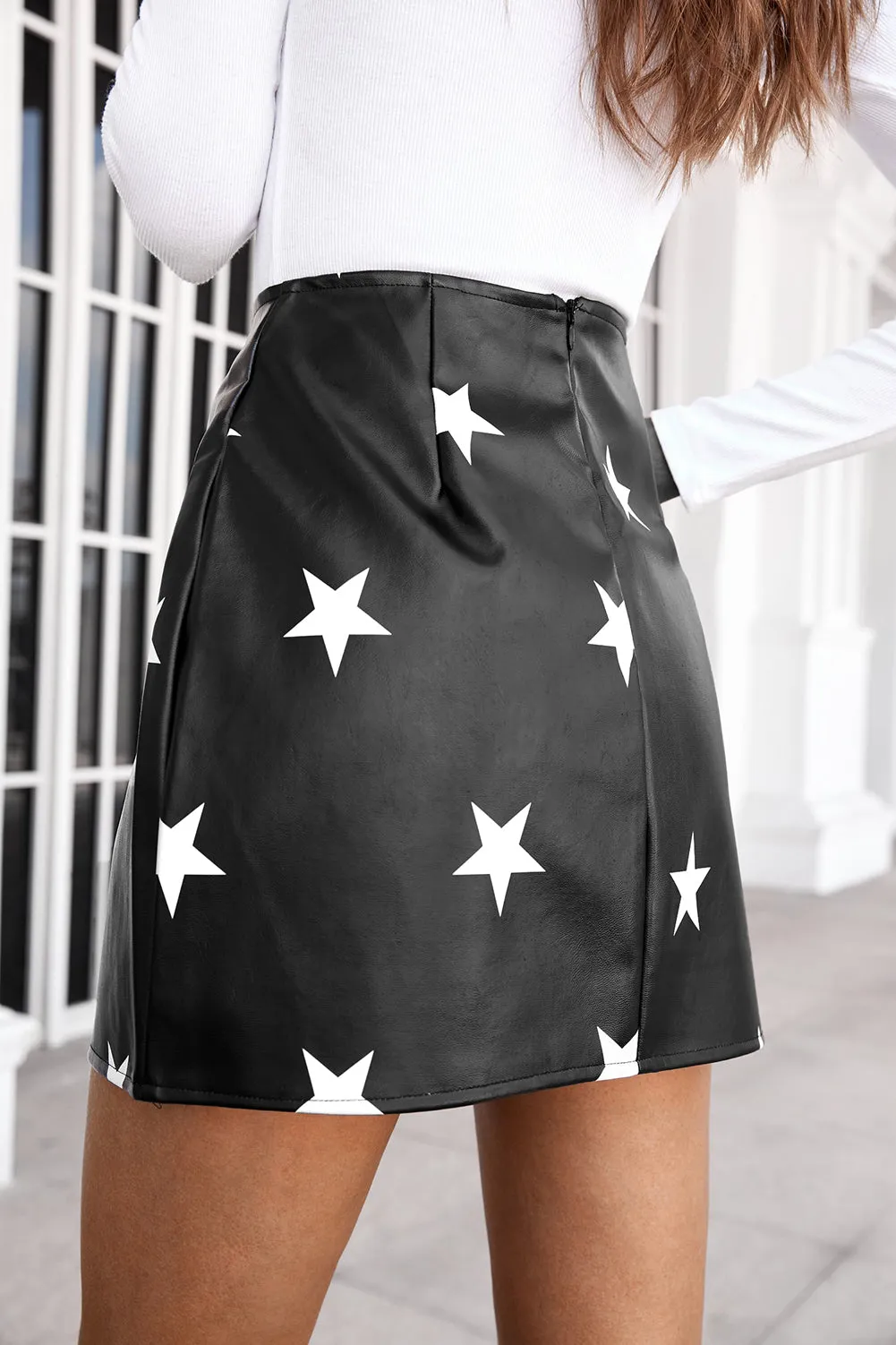 Star Print Faux Leather Mini Skirt