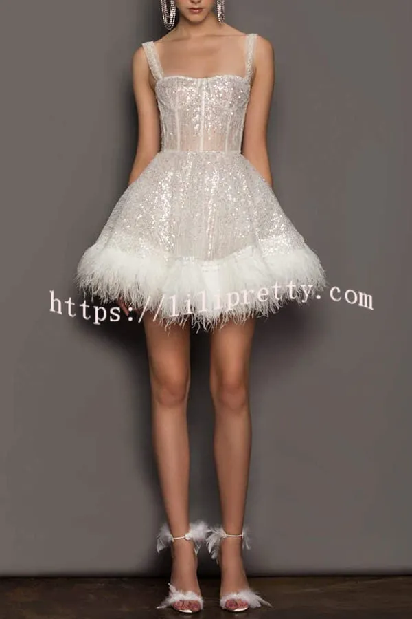 Strap Feather Sequin High Waist Zip Mini Dress